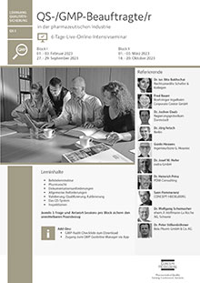 QS-/GMP-Beauftragte/r in der pharmazeutischen Industrie -  Block II (QS 5) - Live Online Seminar 