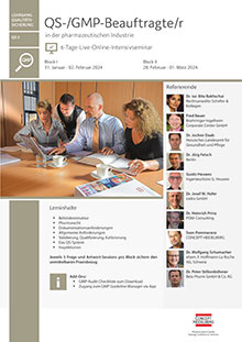QS-/GMP-Beauftragte/r in der pharmazeutischen Industrie -  Block II (QS 5) - Live Online Seminar 