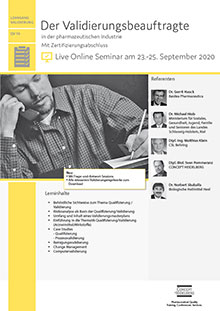 Live Online Seminar: Der Validierungsbeauftragte in der pharmazeutischen Industrie (QV 16) 3-Tage-Intensivseminar